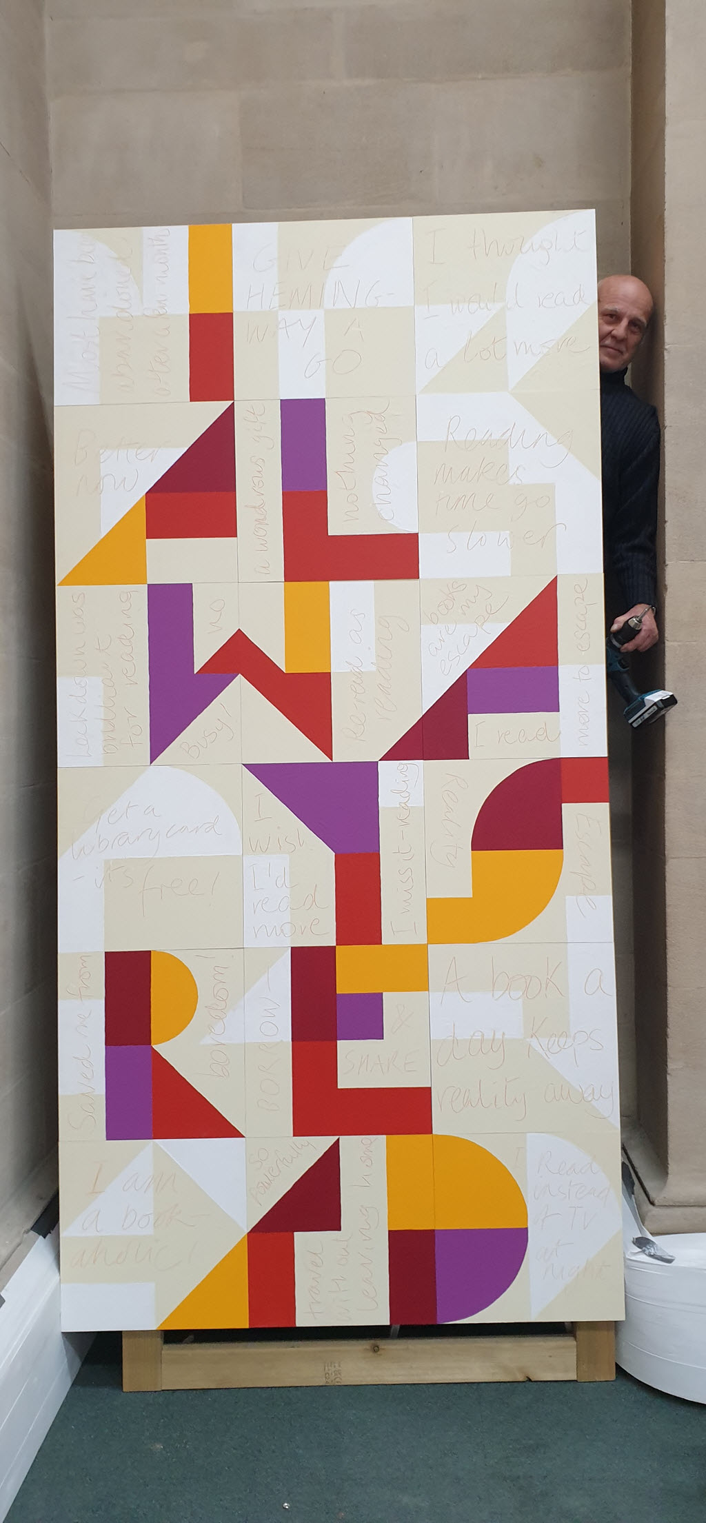 Assembled artwork ready to be lifted into place