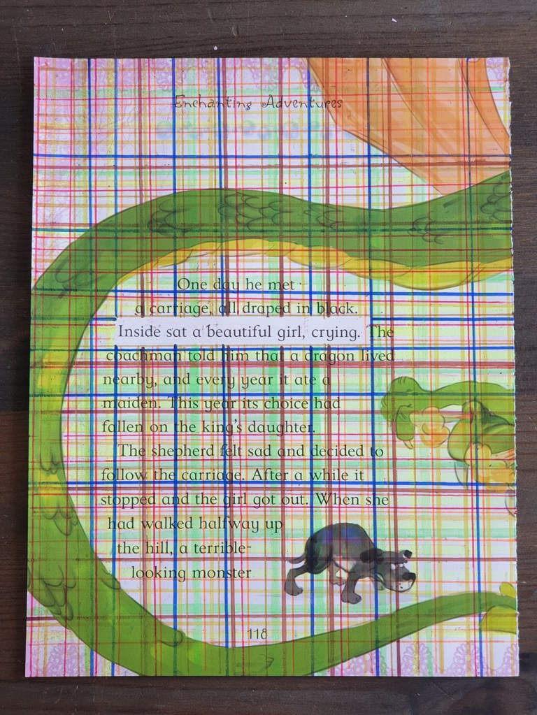 Drawing using lines to redact a book page.