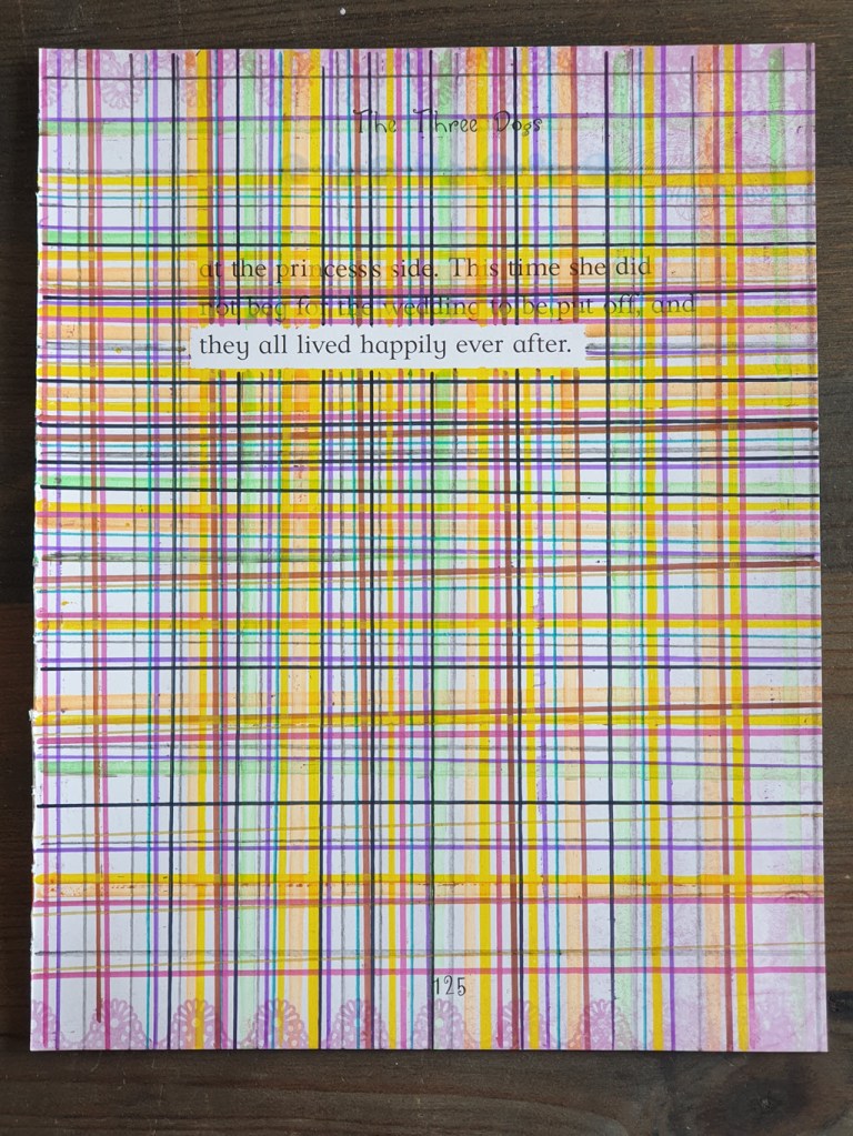 Drawing using lines to redact a book page.