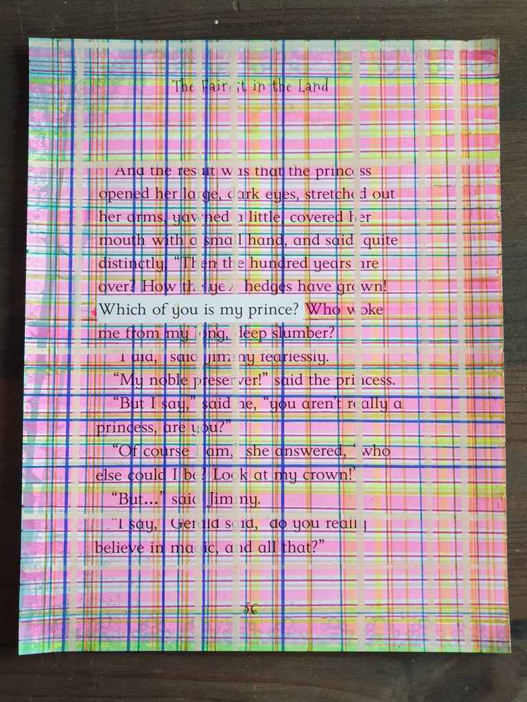 Drawing using lines to redact a book page.